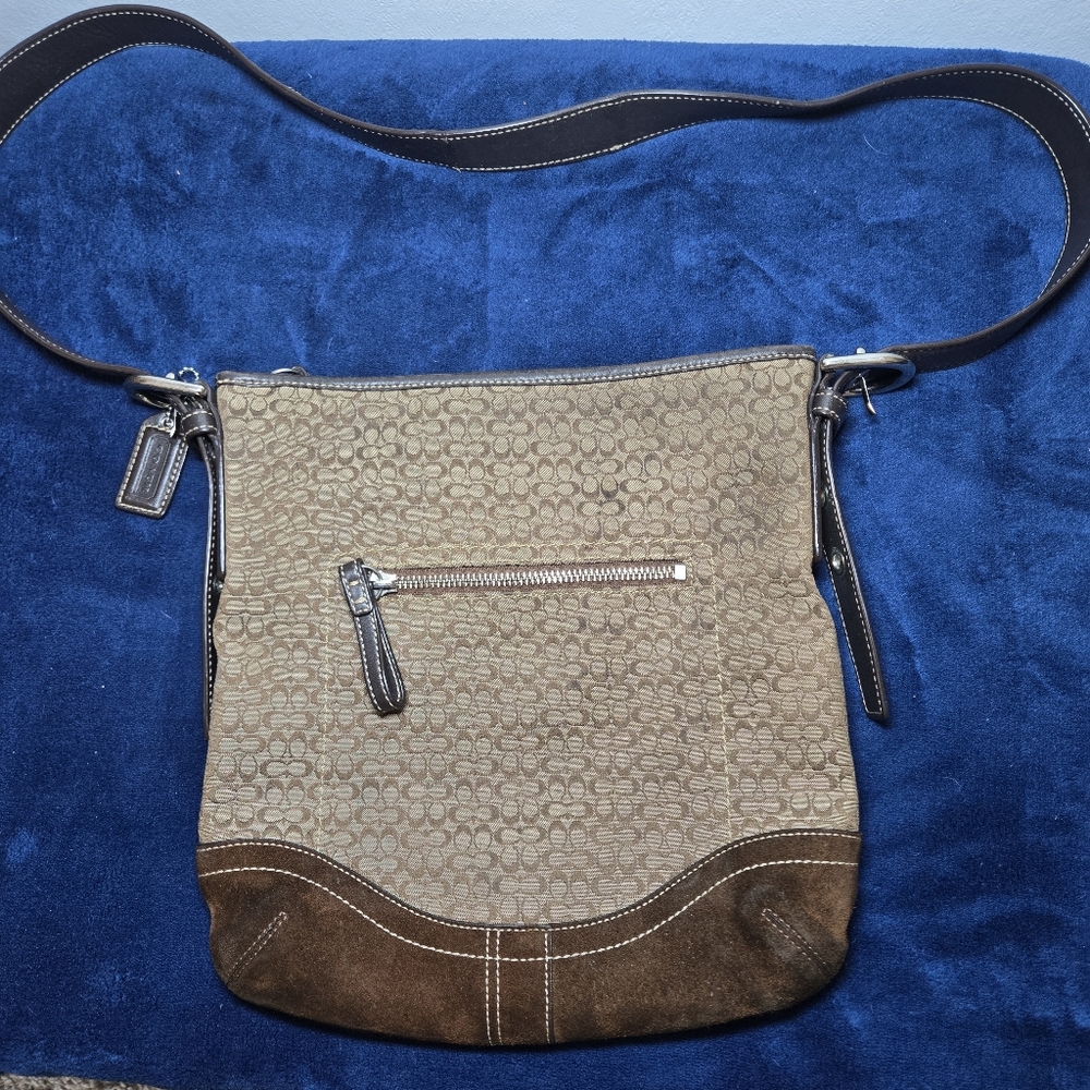 Vtg Coach Signature Jacquard Square Shaped Crossbody Bag Brown Leather Suede